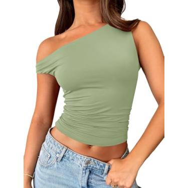 Imagem de Trendy Queen Camisetas femininas com ombros de fora, sem mangas, regatas cropped justas Y2K, roupas de verão 2024, Verde, P