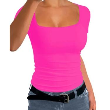 Imagem de Afibi Camiseta feminina básica de verão com nervuras e gola quadrada, caimento justo, Coral, GG