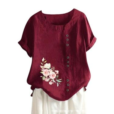 Imagem de Camisetas femininas de botão, manga curta, verão, linho, gola redonda, estampa floral, blusas casuais, Vinho, G
