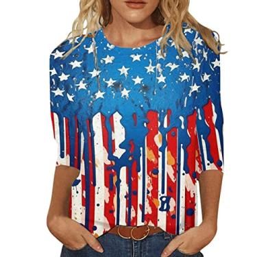 Imagem de Camiseta feminina com bandeira americana manga 3/4 EUA 4th of July Patriotic Tops Loose Star Stripes Camisetas, Azul, G