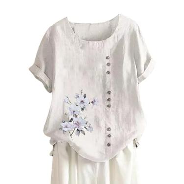 Imagem de Camisetas femininas de linho de algodão de verão elegantes blusas casuais com estampa floral de manga curta para sair, Branco, G