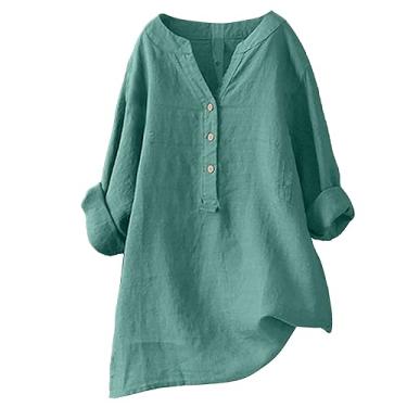 Imagem de Lainuyoah Camisas femininas elegantes casuais soltas verão túnica tops 2024 moda linho manga longa gola V botão blusa, B - verde, G