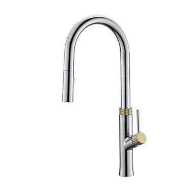 Imagem de Torneira de banheiro de latão luz luxo design simples alça única fria e quente controle duplo pull-out torneira de pia de duas funções, cromada