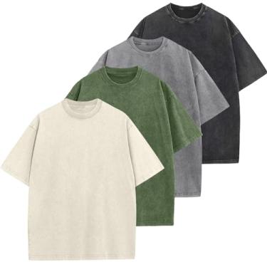 Imagem de Camisetas masculinas de algodão grandes folgadas vintage lavadas unissex manga curta camisetas casuais, Preto + cinza + bege + verde militar, GG