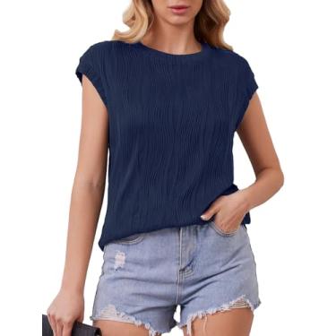 Imagem de ZANZEA Camisetas femininas de verão de manga curta texturizada de malha casual gola redonda blusas modernas, Azul marinho, G