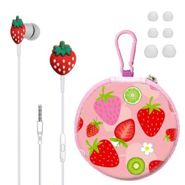 Imagem de GOGOSINIS Conjunto de fones de ouvido de morango com capa para crianças para escola, fones de ouvido com fio com capa e pontas de ouvido de tamanho pequeno, fones de ouvido estéticos com capa fofa,