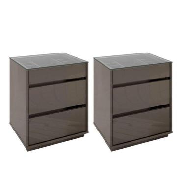 Imagem de Kit 2 Mesas de Cabeceira 3 Gavetas com Organizador Tampo Vidro Belize Cinza Perola/Noce