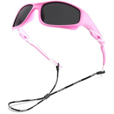 Imagem de LIU·WEN Óculos de sol polarizados de beisebol esportivo infantil – Sombras flexíveis com alça para meninos e meninas de 4 a 12 anos, Lente A5 rosa/cinza, Medium