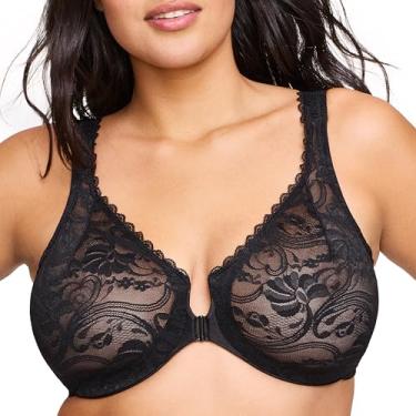 Imagem de Glamorise Sutiã feminino plus size Wonderwire Lace com fecho frontal #9245, Preto, 44F