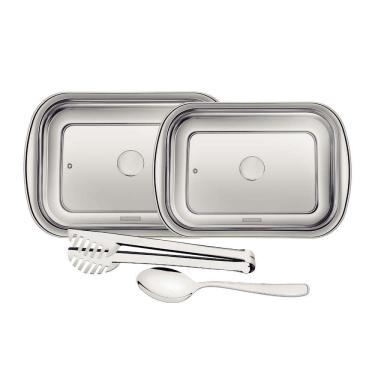 Imagem de Kit Para Assar E Servir Tramontina Cosmos Em Aço Inox Com Tampa De Vidro 4 Peças