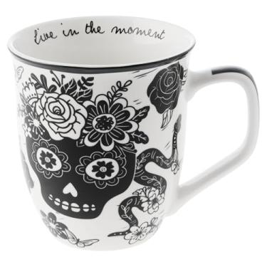Imagem de Karma Presentes 400 ml Caneca Boho Preto e Branco Caveira de Açúcar - Caneca de Café e Chá Bonita - Canecas de Café de Cerâmica para Mulheres e Homens