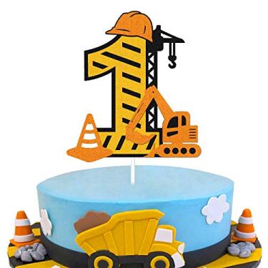 Imagem de Construction 1st Birthday Cake Topper for Kids Boy Girl Truck Excavator Forklift Dump Bulldozer Road Roller Engineering Themed One Year Old First Birthday Party Supplies