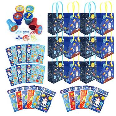 Imagem de TINYMILLS Conjunto de 108 peças para lembrancinhas de festa de aniversário do espaço sideral (12 sacos grandes para lembrancinhas de festa com alças, 24 carimbos de tinta automática para crianças, 12 folhas de adesivos, 12 livros de colorir, 48 gizes de cera) ônibus espacial, foguete, navio, astrona