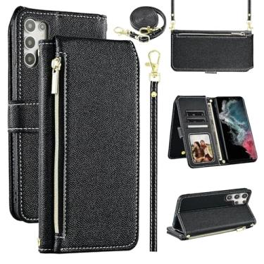 Imagem de Furiet Capa carteira de luxo para Samsung Galaxy S23 Ultra 5G com alça de pulso alça de ombro fina flip zíper bolsa, capa de telefone de couro PU para S23Ultra 23S S 23 23Ultra 6,8 polegadas preta