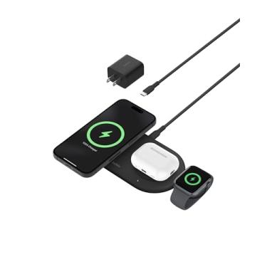 Imagem de Belkin Base de carregamento sem fio BoostCharge Pro 3 em 1 MagSafe compatível com Qi2 15W, carregador rápido para iPhone, compatível com iPhone 15, 14 e 13, AirPods, Apple Watch e mais - Preto