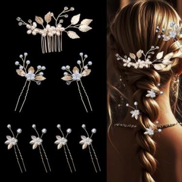 Imagem de 7 peças de alfinetes de cabelo pérola folha dourada noiva festa de casamento pinos de estilo de cabelo em forma de U acessórios de cabelo flores para noivas damas de honra mulheres meninas