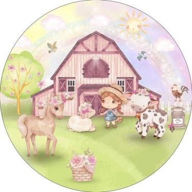 Imagem de Painel De Festa Redondo 1,50x1,50 - Fazendinha Rosa Celeiro com Flores