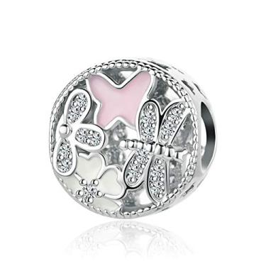 Imagem de QeenseKc Pingente de borboletas jardim inseto rosa esmalte CZ para pulseira Pandora Charm, Metal Strass Metal esmalte Strass, Cristal sintético