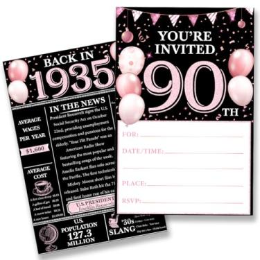 Imagem de QZJ Convites de festa de aniversário de 90 anos para mulheres e homens - Back in 1935 Convites rosa 90 anos conjunto de convites de aniversário para aniversário de aniversário (20 convites e