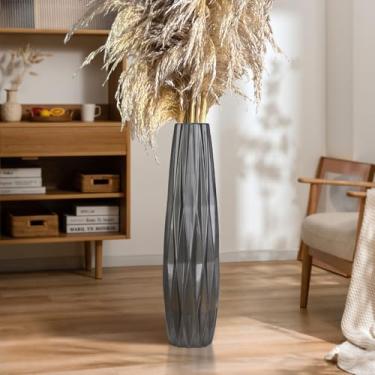 Imagem de Vaso alto de cerâmica prateada, vasos de flores grandes modernos de 61 cm para decoração de casa, vaso de vime grande para casa de fazenda, sala de estar, quarto, vaso de plástico decorativo alto