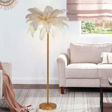 Imagem de Luminária de chão nórdica, luminária de chão de penas naturais regulável, proteção ocular, iluminação de leitura, luz alta para sala de estar, quarto, escritório