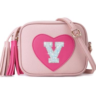 Imagem de OYLOLA Presentes de aniversário para meninas, inicial, bolsa infantil, bolsas infantis, presentes para meninas, bolsas de coração para meninas, rosa, V