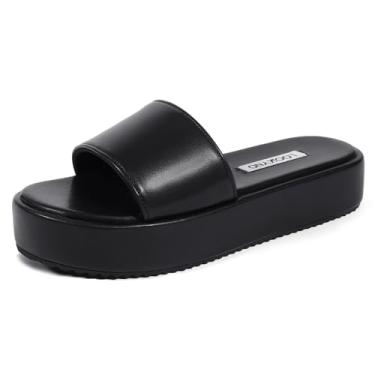 Imagem de Lookyno Sandálias femininas plataforma confortáveis pretas mules grossas sem cadarço plataforma de dedo aberto para mulheres, sapatos planos casuais de verão, Preto, 35