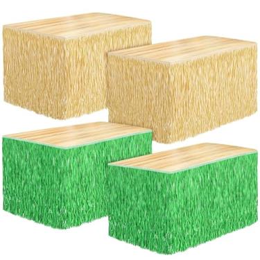 Imagem de Fovths 4 pacotes de saia de mesa de grama luau com franja de palha verde saia de grama 277 x 76 cm saias de mesa havaianas hibisco retangulares decorações de festa tropical luau para decorações
