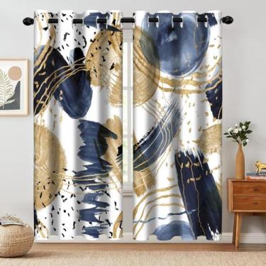 Imagem de Cortina blackout dourada azul abstrata, boêmia, estética moderna, cortinas de janela, sala de estar, quarto, cortina térmica, escurecimento, ilhós, cortinas de janela, tratamentos, 2 painéis 132 x 163