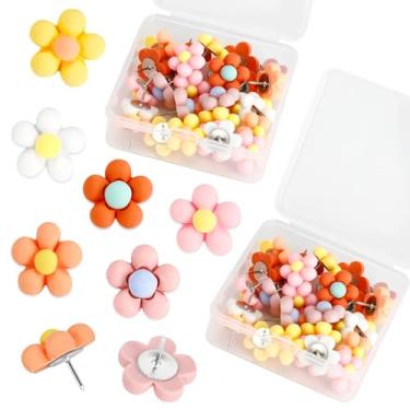 Imagem de 60 peças de alfinetes de flores de margarida, tachinhas florais coloridas, lindos broches decorativos para quadro de avisos, fotos, mapas de parede, quadro de avisos, escritório, escola ou casa