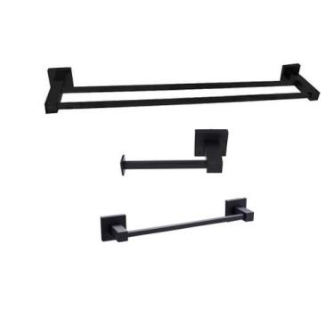 Imagem de Kit Porta Toalha Banho Duplo Papeleira Ret Toalheiro Preto - Fine Meta