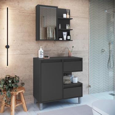 Imagem de Conjunto de Gabinete e Armário de Banheiro com Espelho Paula 2 pt 2 gv Grafite