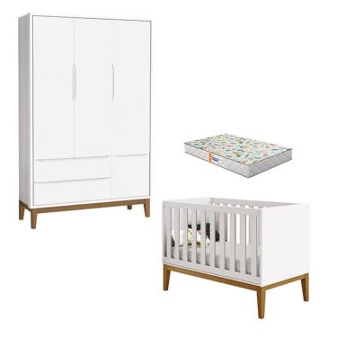 Imagem de Berço Americano e Guarda Roupa 3 Portas New Classic Branco com Pés Madeira e Colchão Gazin – Reller