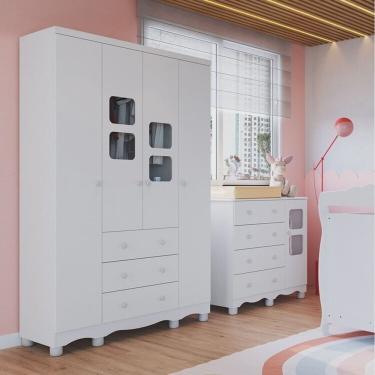Imagem de Quarto Infantil com Guarda Roupa 4 Portas e Cômoda 1 Porta com Janelas Mimo 100% Mdf Espresso