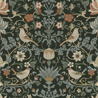 Imagem de Livelynine 17,5 x 276 papel de parede vitoriano William Morris papel de parede verde vintage floral escuro papel de contato para gavetas de armários pré-colado pássaros amigos do locatário e flores de