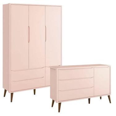 Imagem de Guarda Roupa Infantil 3 Portas e Cômoda Theo 1 Porta Rosa com Pés Amadeirados – Reller