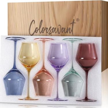 Imagem de Colorsavant Conjunto de 6 taças de vinho coloridas à mão, 473 ml, taça de vinho de cristal pastel com haste, estética elegante em tom suave para decoração de casa, presente de vinho para mulheres