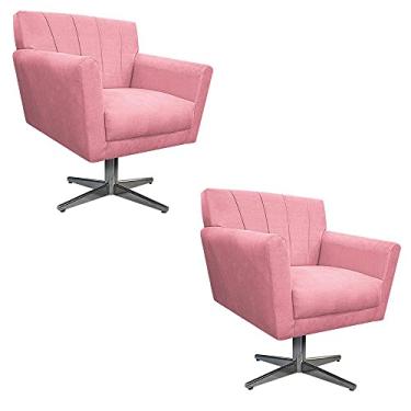 Imagem de kit 02 Poltronas Decorativa Laura Base Giratória de Metal Suede Rosa Bebê - Amarena Móveis