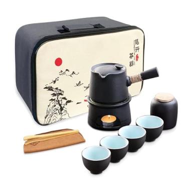 Imagem de Scizorito Conjunto de chá chinês vintage com saco de viagem, conjunto de chá Kungfu com 4 xícaras de chá e aquecedor, presente para o dia das mães, aniversário, Natal e reuniões (alça lateral preta)