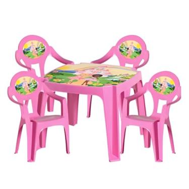 Imagem de Mesa Infantil com 4 Cadeiras, Conjunto Plástico Rosa com Tema de Fadas, para Crianças (Rosa Princesa)