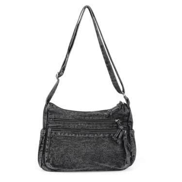 Imagem de ALUSBELL Bolsa jeans grande para mulheres, bolsas jeans leves, bolsa de ombro retrô, bolsas transversais, Preto, One Size
