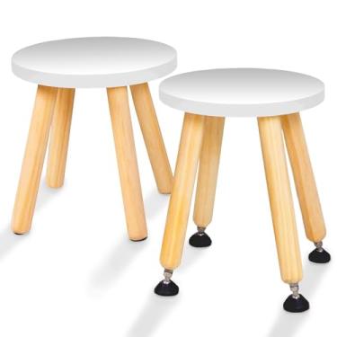 Imagem de Cateam Wooden Step Stool for Kids and Toddlers - Set of 2 - White - Extendable Legs Kids Chair - Sensory Table Stool - Children's Round Sitting Stool with Leveling Feet and Anti-Slip PadsQ
