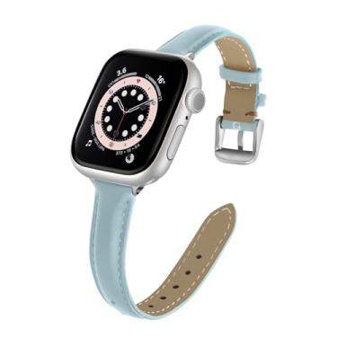 Imagem de Magiibmc Pulseira de relógio de design minimalista compatível com Apple Watch séries 10 9, 8, 7, 6, 5, 4, 3, 2 e 1 SE de 45 mm, 46 mm, 44 mm, 40 mm, 38 mm, 41 mm e 42 mm (azul bebê + prata Bukle, 44