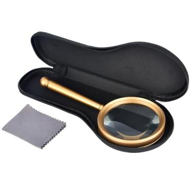 Imagem de KEMAXI Lupa 5X Com Estojo De Armazenamento, Mão Dourada Lente Vidro Óptico, Clássica Metal E Latão Para Crianças Idosos, Leitura Baixa Visão, Impressões, Moedas (90 Mm)
