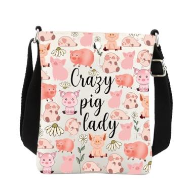 Imagem de BNQL Bolsa tiracolo de porco fofa rosa presente de porco presente de animais porcos presentes para amantes de porcos Crazy Pig Lady Pig Sling Bag com alça de ombro, Branco