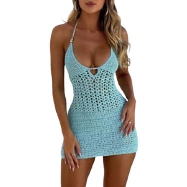 Imagem de Yiulangde Vestido feminino de crochê, frente única, sexy, colado ao corpo, costas nuas, vestido de praia Y2k com recorte vazado para férias, A#azul, P