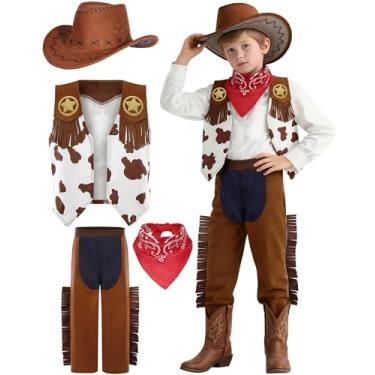 Imagem de Rayekrot Fantasia de cowboy infantil para meninos, marrom, estilo ocidental, conjunto de roupa de cowboy para festa de Halloween (3-4 anos)