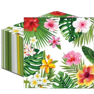 Imagem de Guardanapos de papel com vegetação floral de hibisco tropical de 50 unidades, guardanapos descartáveis de coquetel de festa Luau para aniversário, churrasco de verão, decoração de mesa de piscina e