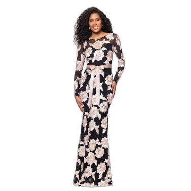 Imagem de Betsy & Adam Comprimento até o chão, manga comprida, sobreposição de renda floral, silhueta ajustada e cintura com cinto, Preto/champanhe, 46