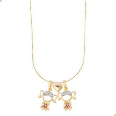 Imagem de Colar de Filhos filha casal Pingente Menino ou Menina Banhado Ouro 18K Corrente com Coração Pingentes Exclusivo e Elegante e Antialergico (2 MENINAS)